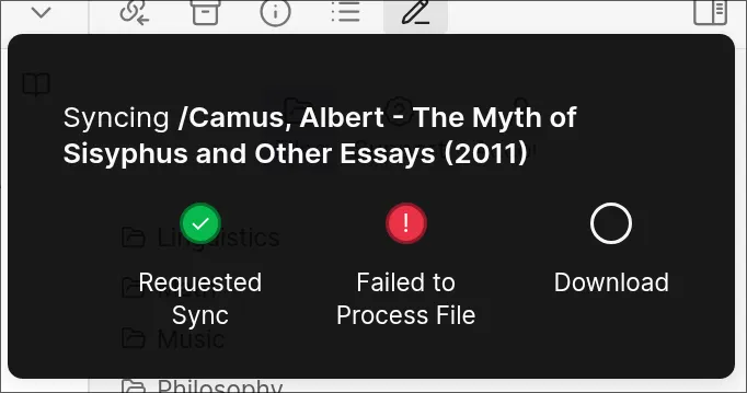 An image showing a sync failure for 'The myth of Sisyphus' by Albert Camus